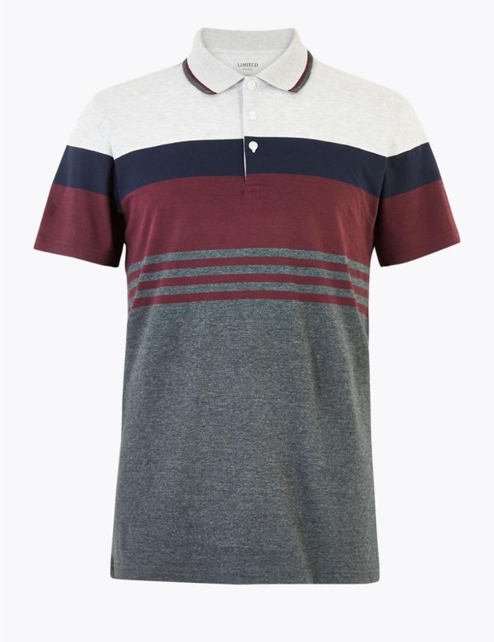 Marks & Spencer Cotton Striped Polo Shirt Charcoal