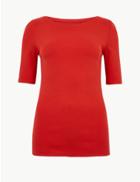 Marks & Spencer Pure Cotton Boat Neck Short Sleeve T-shirt Red