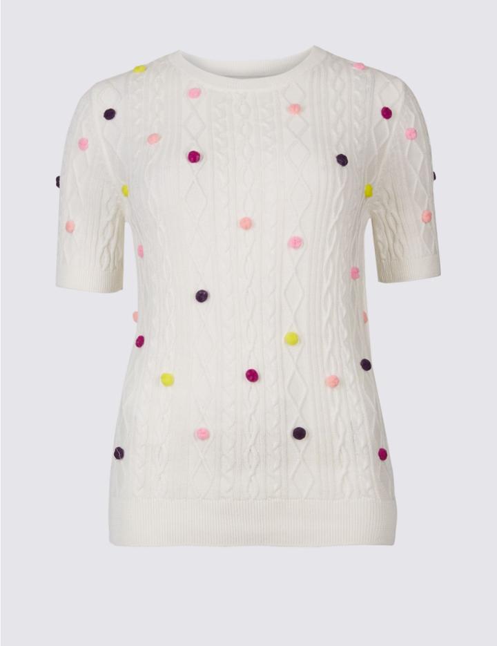 Marks & Spencer Pure Cotton Embellished Round Neck Jumper Winter White