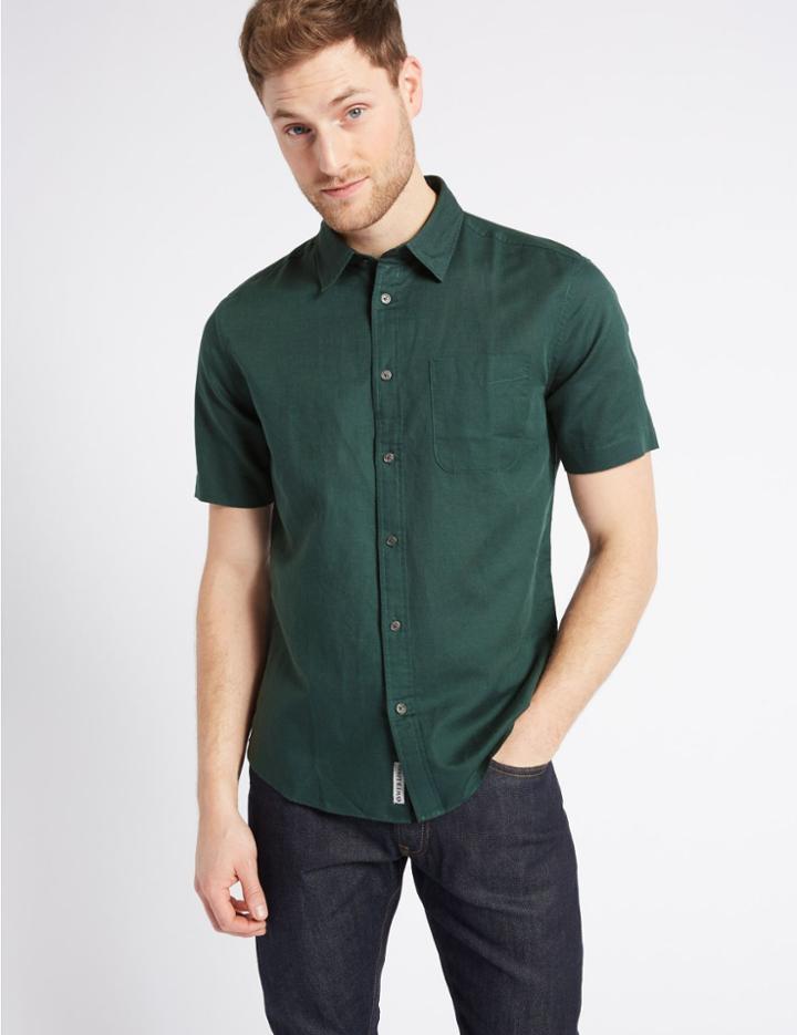 Marks & Spencer Easy Care Linen Rich Shirt With Pocket Forest Green