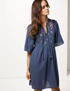 Marks & Spencer Embroidered 3/4 Sleeve Skater Midi Dress Navy