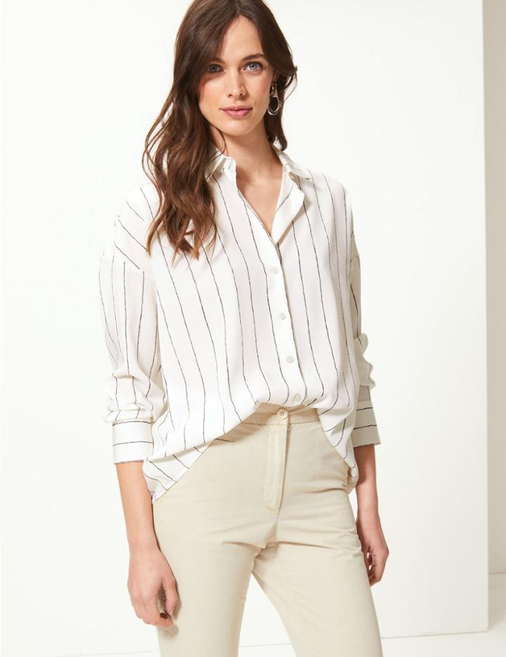 Marks & Spencer Oversized Striped Long Sleeve Shirt Ivory Mix