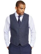 Marks & Spencer Pure New Wool Tailored Fit Herringbone 5 Button Waistcoat Bright Blue