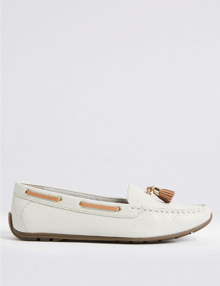Marks & Spencer Wide Fit Leather Boat Shoes White Mix