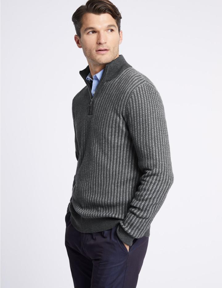 Marks & Spencer Pure Cotton Two Tone Half Zipped Jumper Grey Mix