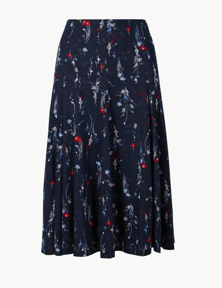 Marks & Spencer Cotton Rich Floral Print A-line Midi Skirt Navy Mix
