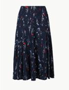 Marks & Spencer Cotton Rich Floral Print A-line Midi Skirt Navy Mix