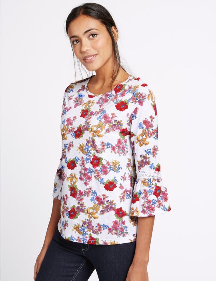 Marks & Spencer Pure Cotton Fluted Cuff Jersey Top Ivory Mix