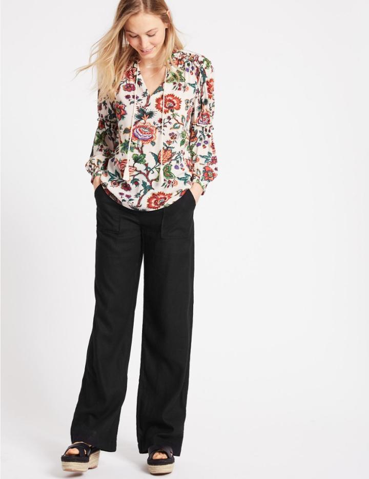 Marks & Spencer Linen Rich Wide Leg Flared Trousers Black