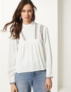 Marks & Spencer Embroidered High Neck Long Sleeve Blouse Ivory Mix