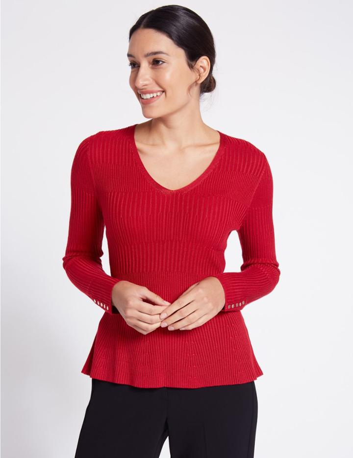 Marks & Spencer Ribbed Peplum Hem V-neck Jumper Red