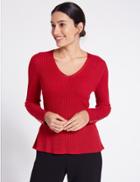 Marks & Spencer Ribbed Peplum Hem V-neck Jumper Red