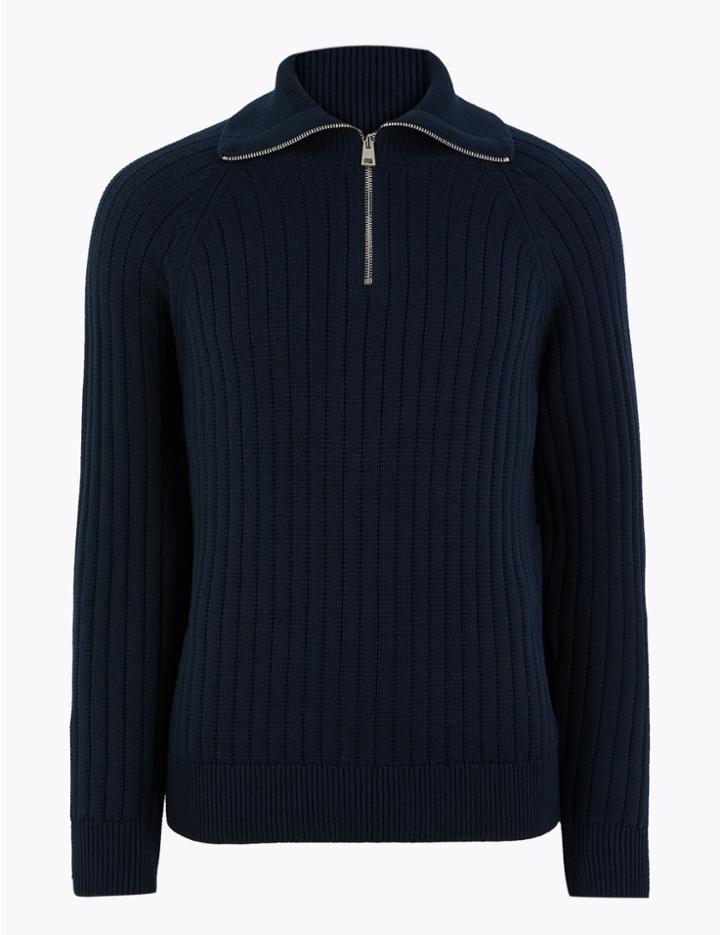 Marks & Spencer Supima Cotton Textured Funnel Neck Jumper Navy