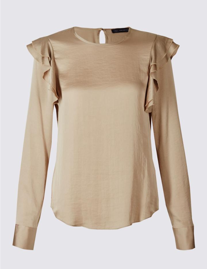 Marks & Spencer Frill Shoulder Round Neck Shell Top Gold