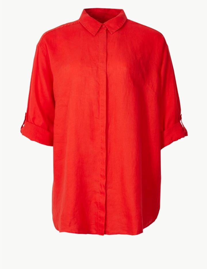 Marks & Spencer Curve Pure Linen 3/4 Sleeve Shirt Red
