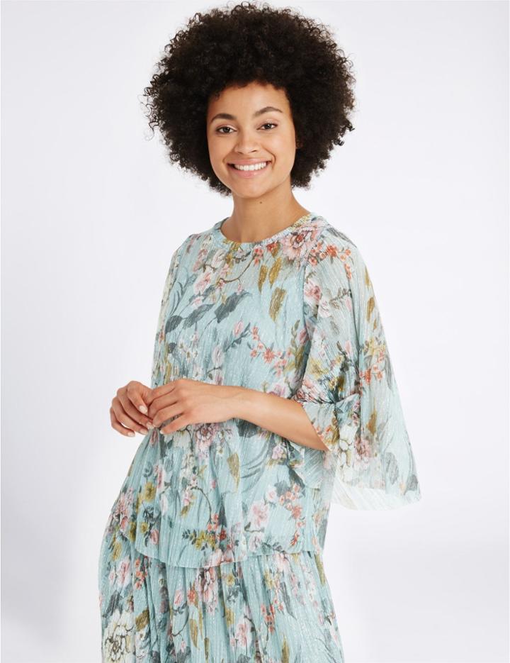 Marks & Spencer Floral Print Metallic Pleated Blouse Blue Mix