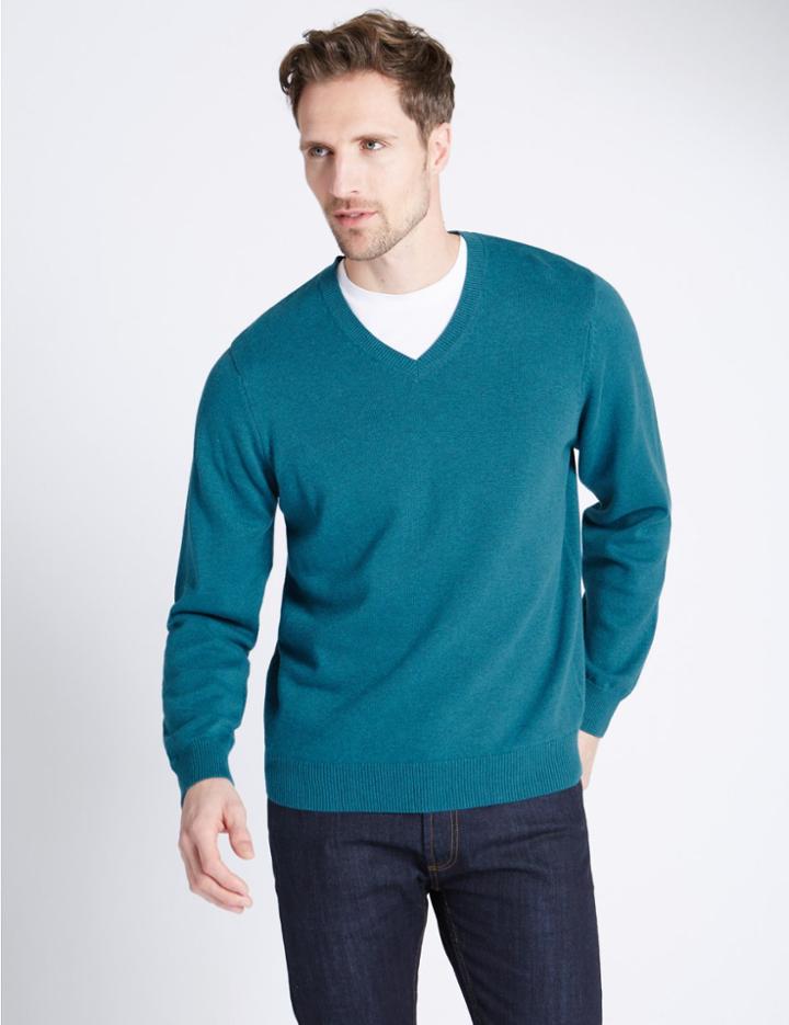 Marks & Spencer Pure Cotton V-neck Jumper Dark Teal
