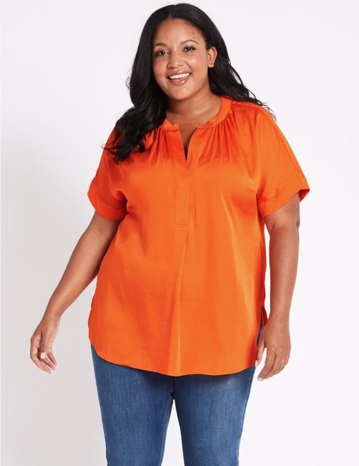 Marks & Spencer Curve Popover Notch Neck Half Sleeve Blouse Orange