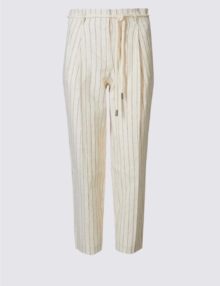 Marks & Spencer Petite Linen Rich Tapered Leg Trousers Stone Mix