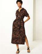 Marks & Spencer Linen Blend Animal Print Shirt Midi Dress Black Mix