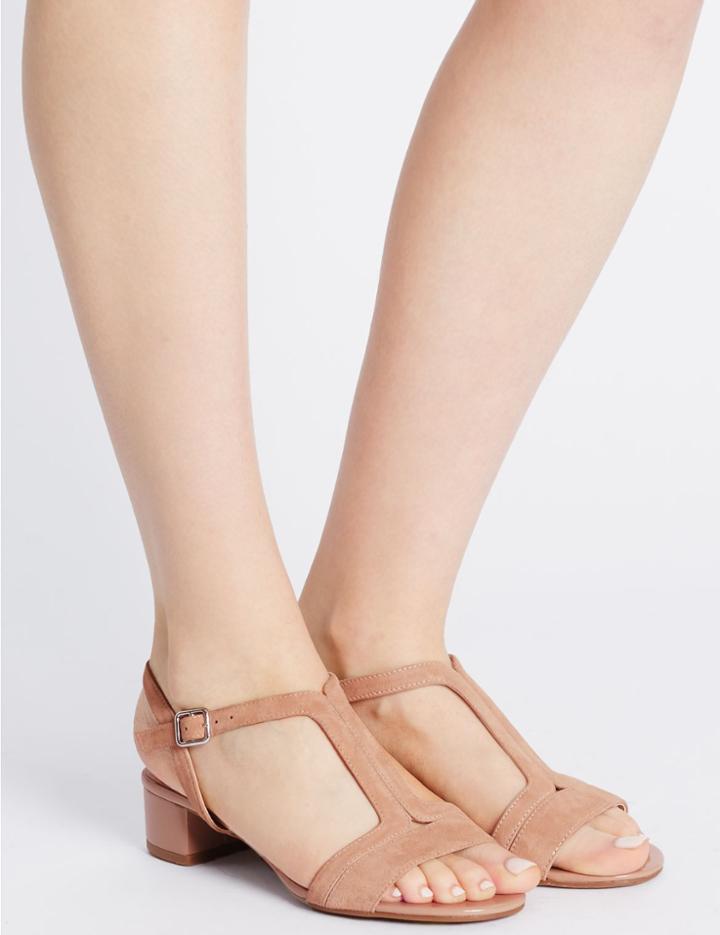 Marks & Spencer Suede Block Heel T-bar Sandals Dusky Pink