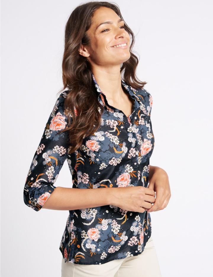 Marks & Spencer Cotton & Silk Blend Floral Print Shirt Khaki Mix
