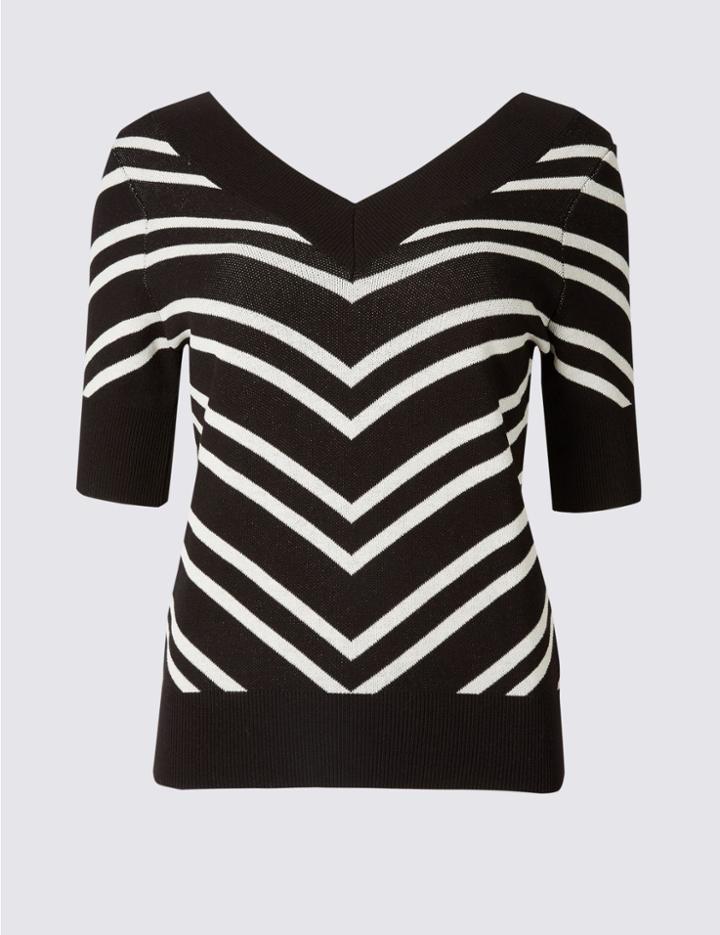 Marks & Spencer Striped V-neck Half Sleeve Jumper Black Mix
