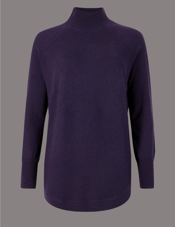 Marks & Spencer Pure Cashmere Curved Hem Funnel Neck Jumper Deep Purple