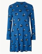 Marks & Spencer Floral Print Jersey Long Sleeve Swing Dress Blue Mix