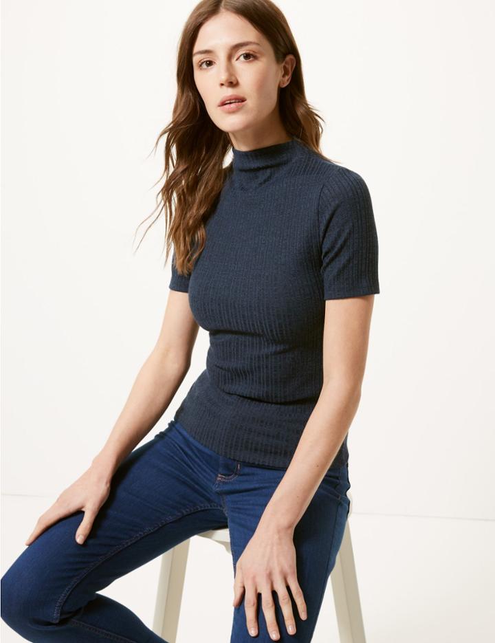 Marks & Spencer Textured Turtle Neck Short Sleeve Top Navy