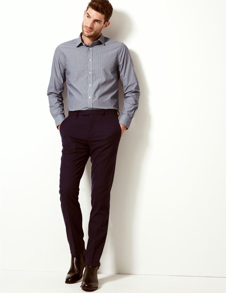 Marks & Spencer Cotton Blend Slim Fit Shirt Navy Mix