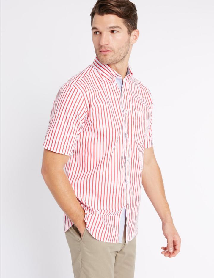 Marks & Spencer Pure Cotton Striped Shirt With Pocket Poppy