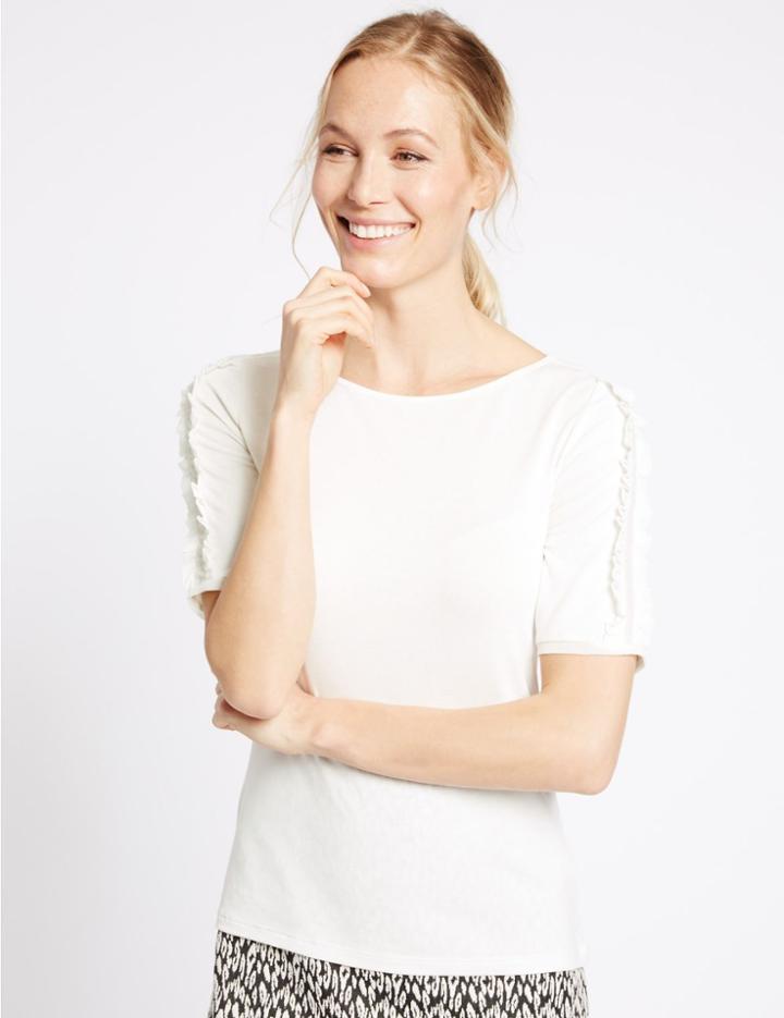 Marks & Spencer Round Neck Ruffle Sleeve T-shirt Ivory
