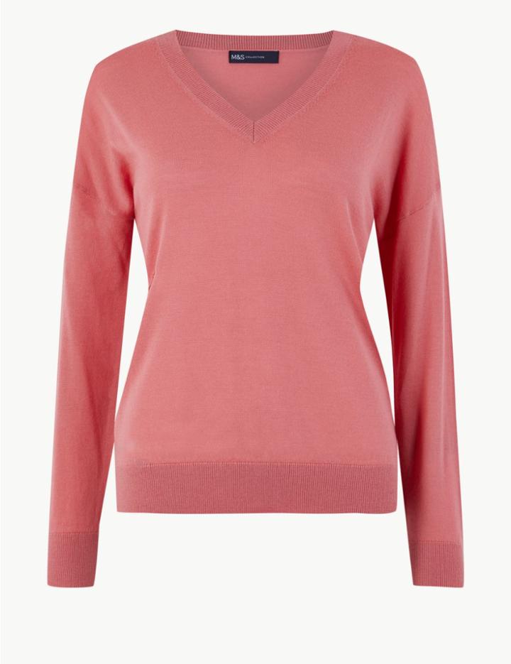 Marks & Spencer Pure Merino Wool Relaxed Fit V-neck Jumper Hot Bronze