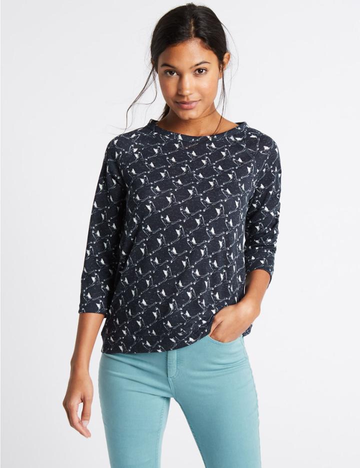 Marks & Spencer Bird Print Raglan 3/4 Sleeve T-shirt Navy Mix