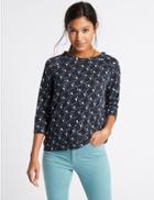 Marks & Spencer Bird Print Raglan 3/4 Sleeve T-shirt Navy Mix
