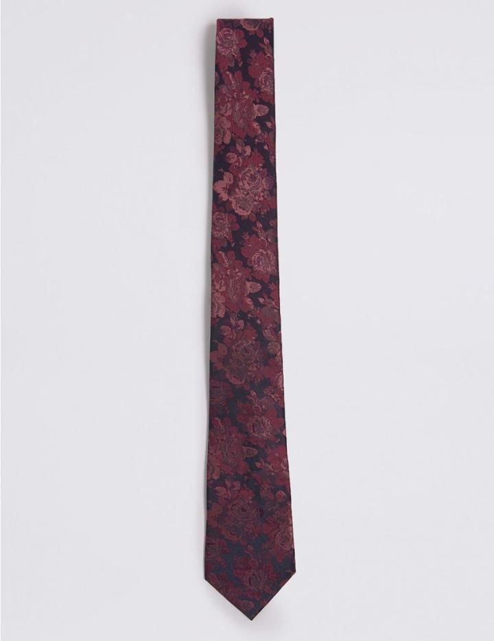 Marks & Spencer Pure Silk Floral Tie & Pocket Square Set Pink Mix