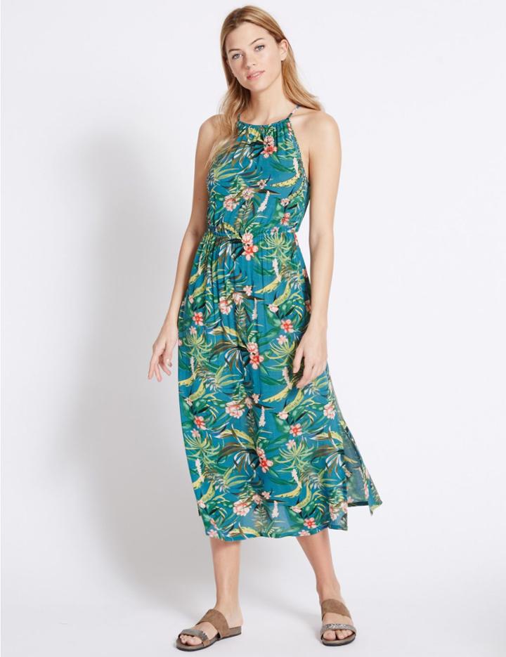 Marks & Spencer Tropical Print High Neck Maxi Dress Teal Mix