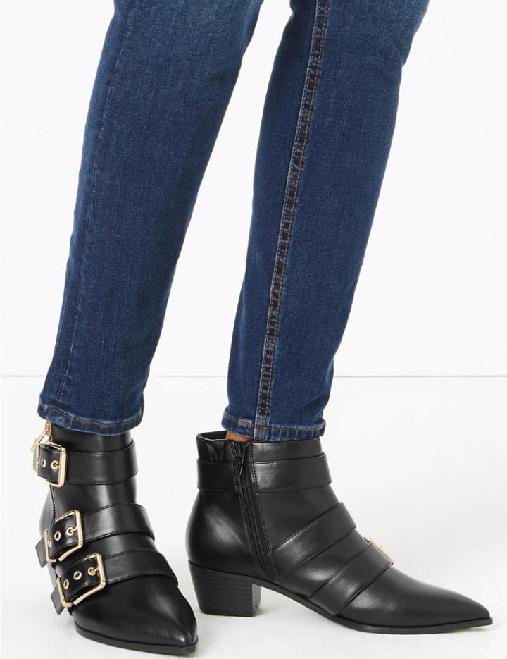 Marks & Spencer Snakeskin Print Multi Buckle Ankle Boots Black