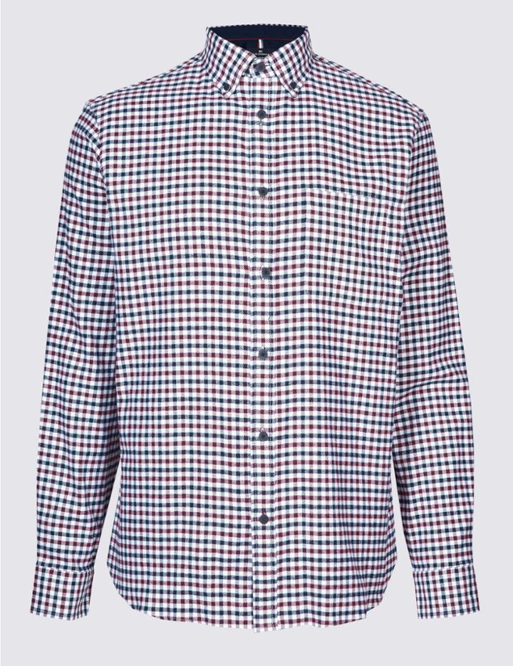 Marks & Spencer Pure Cotton Checked Shirt With Pocket Burgundy Mix