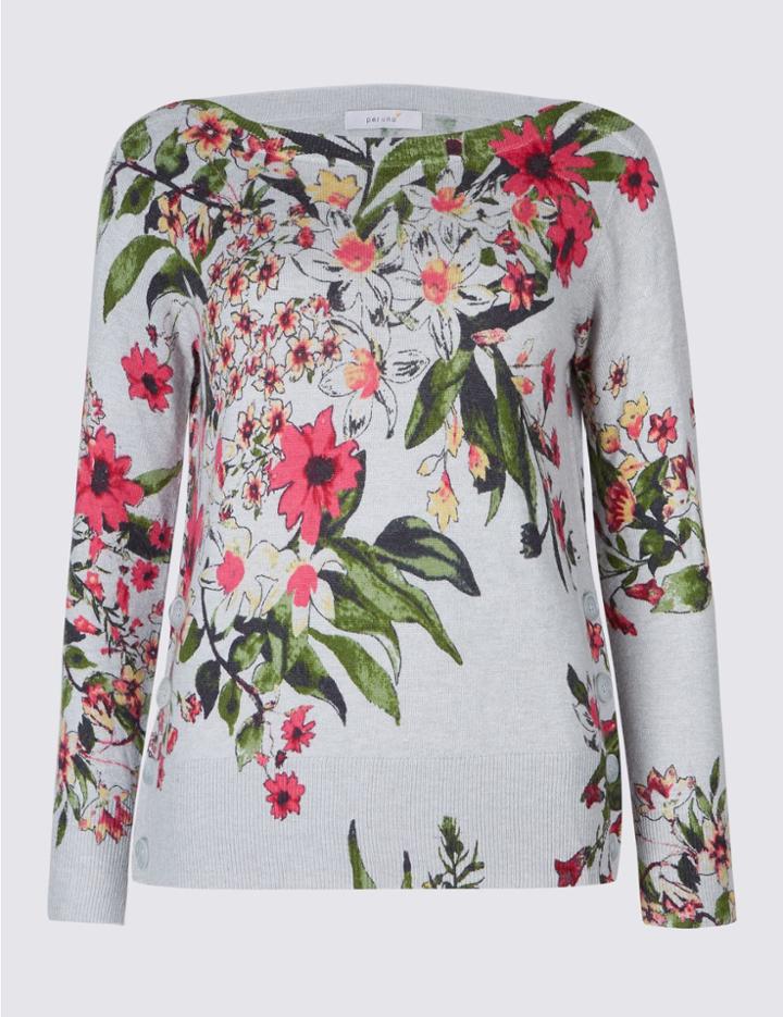 Marks & Spencer Floral Print Knitted Slash Neck Jumper Grey