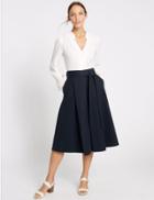 Marks & Spencer Cotton Rich Tie Detail A-line Midi Skirt Navy