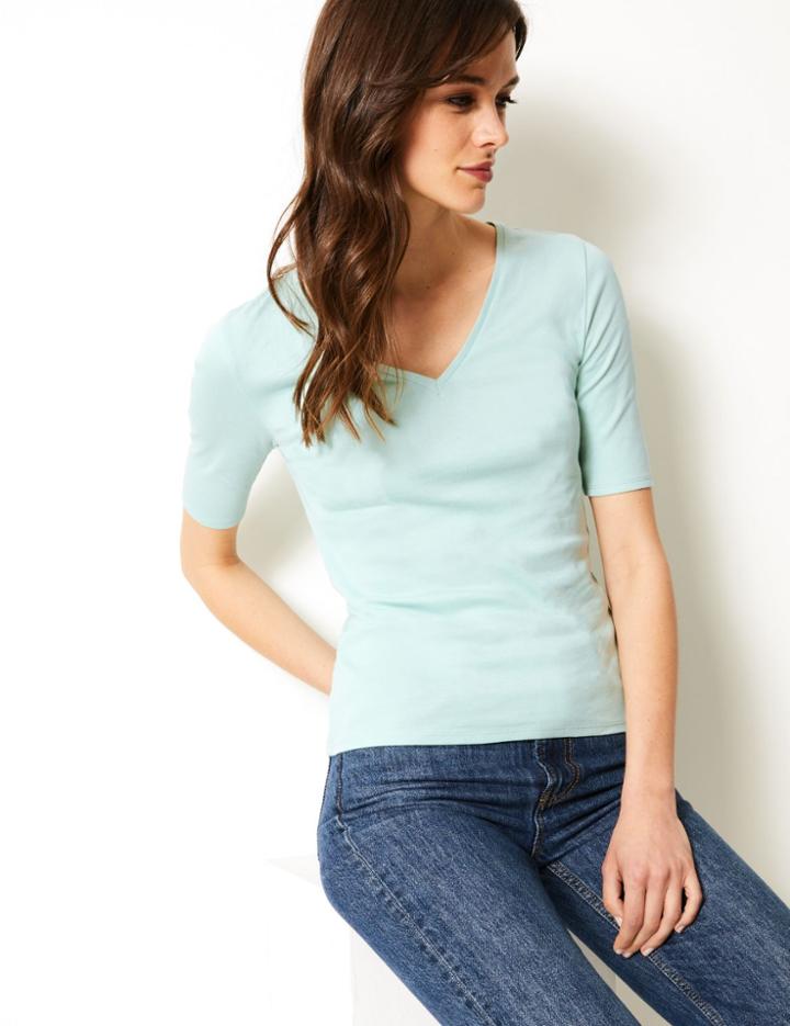 Marks & Spencer Pure Cotton V-neck Regular Fit T-shirt Light Mint