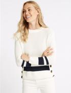 Marks & Spencer Cotton Blend Striped Long Sleeve Jumper White Mix