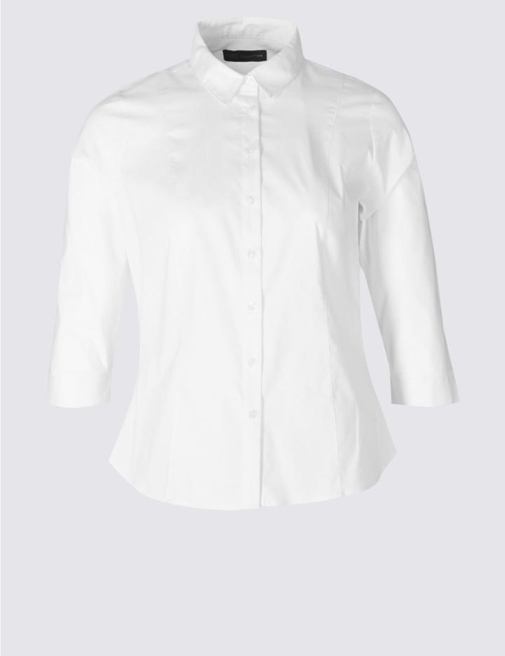 Marks & Spencer Plus Cotton Rich 3/4 Sleeve Shirt White