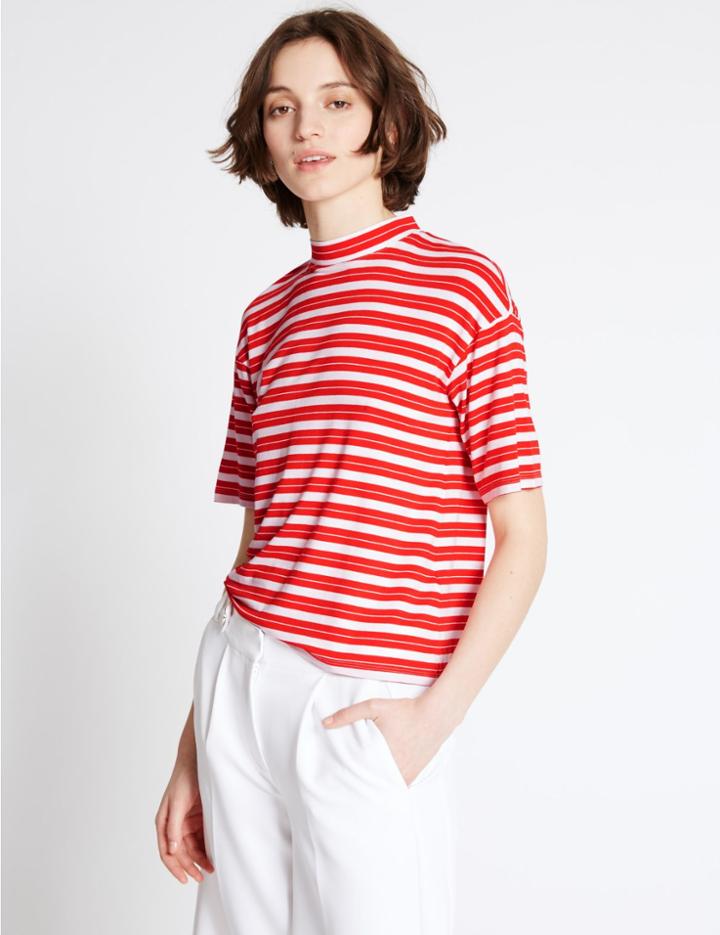 Marks & Spencer Striped Bow Back Half Sleeve T-shirt Red Mix