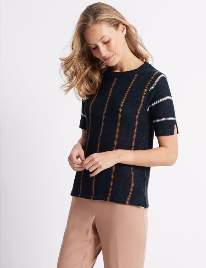 Marks & Spencer Striped Round Neck Half Sleeve Jumper Navy Mix