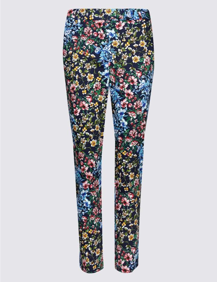 Marks & Spencer Cotton Rich Floral Print Slim Leg Trousers Black Mix