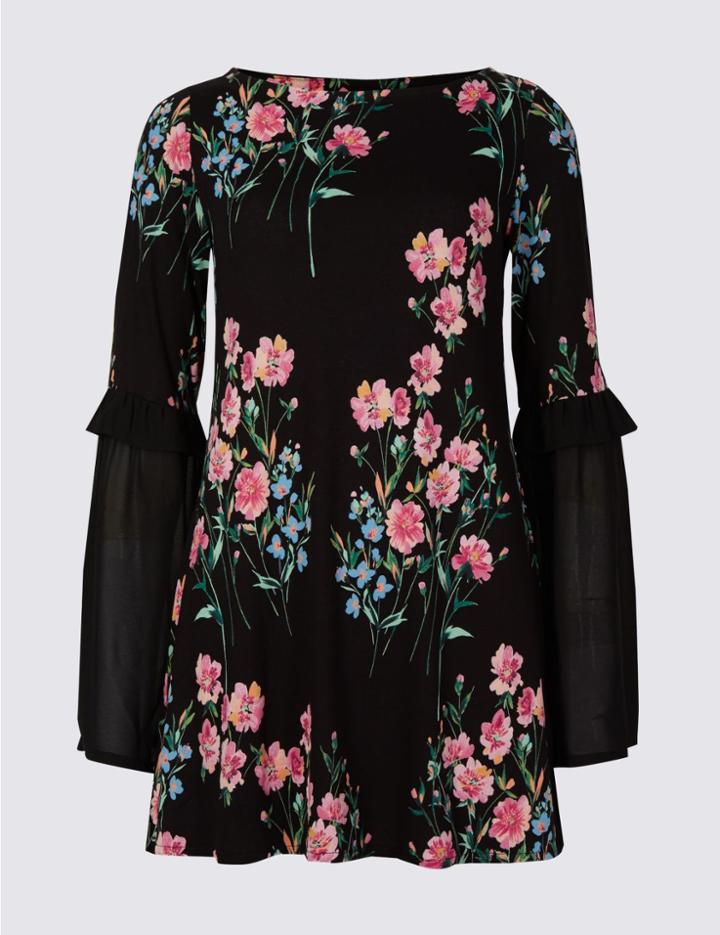 Marks & Spencer Floral Print Fluted 3/4 Sleeve Tunic Black Mix