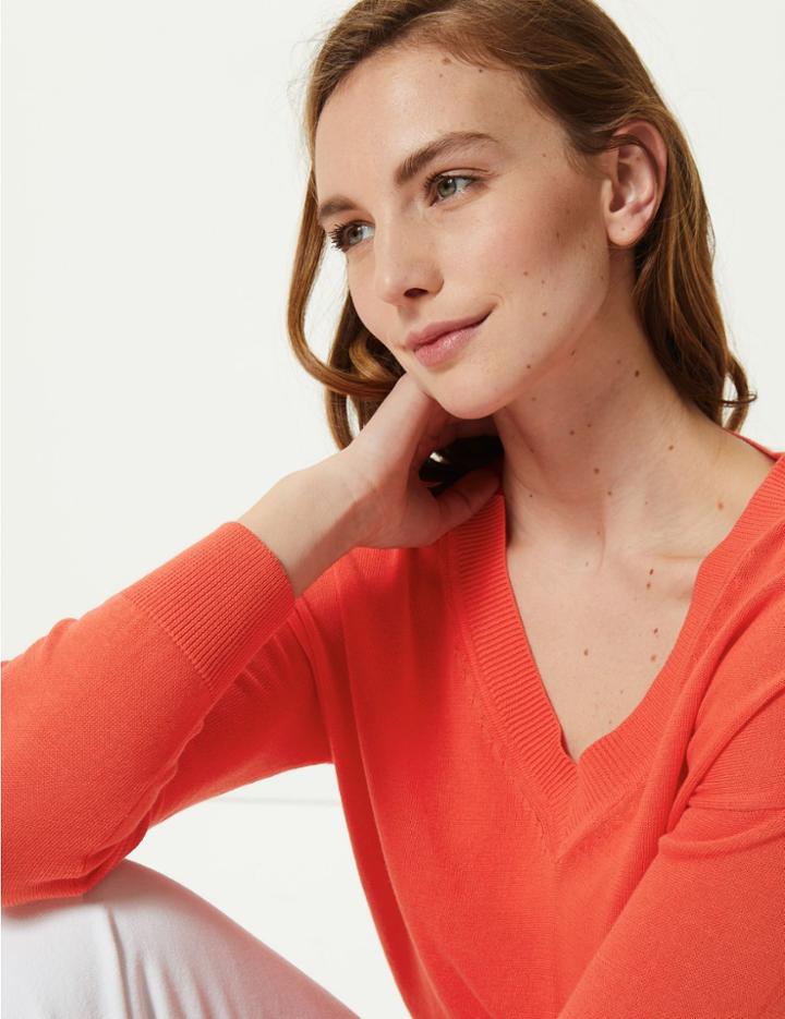 Marks & Spencer Petite Pure Cotton V-neck Jumper Mango